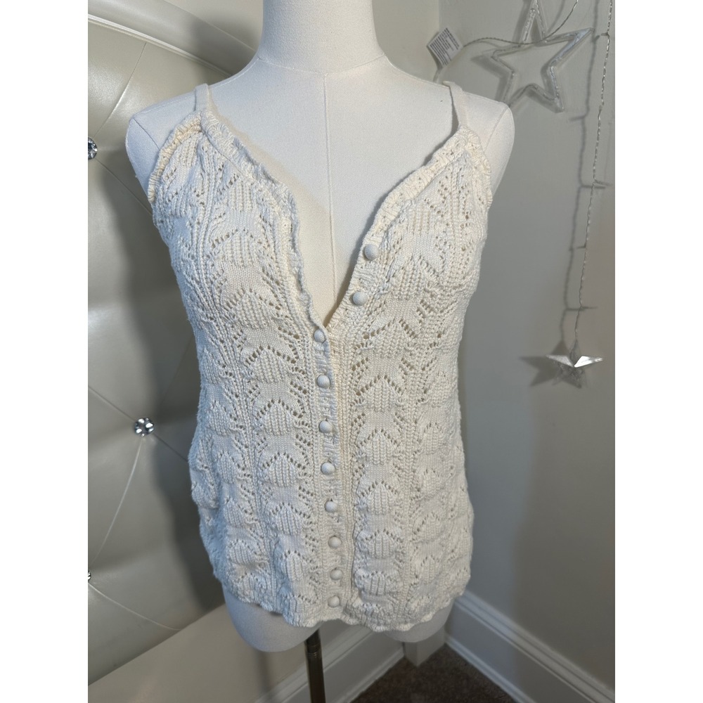 Aerie Ivory Pointelle Knit Button Down Cami Tank Top Medium Boho Cream Knit